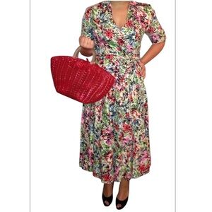 Vtg JG HOOK Dress 100% Linen Faux Wrap Belted Red Multicolor Sz 8P Floral Classy